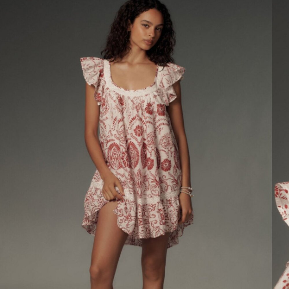 Maeve Anthropologie Flutter Sleeve Babydoll Mini Dress Size M Cottagecore Boho